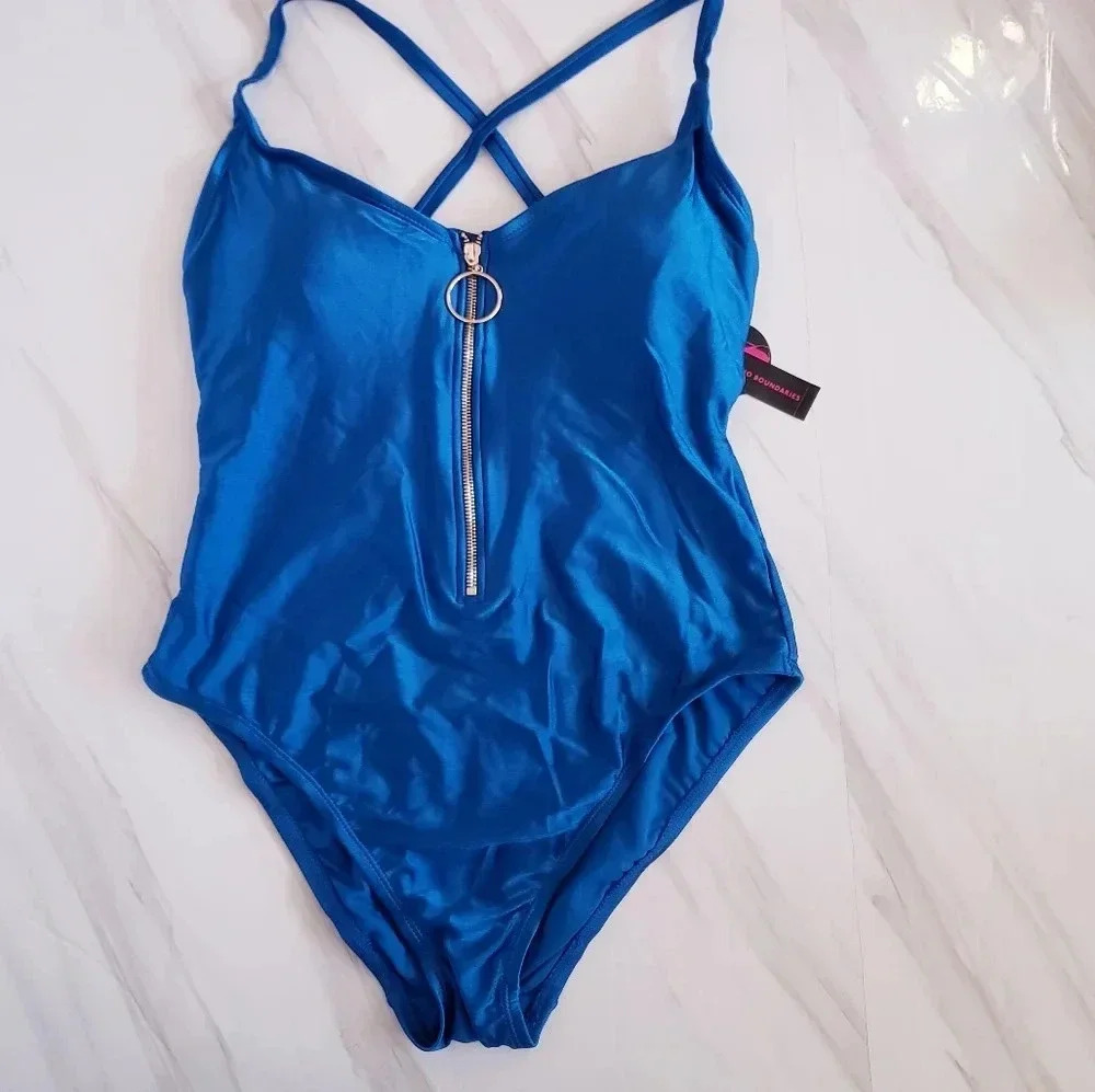 No Boundaries Juniors' Plus Size Rib Zip Front One Piece Swimsuit Royal Blue